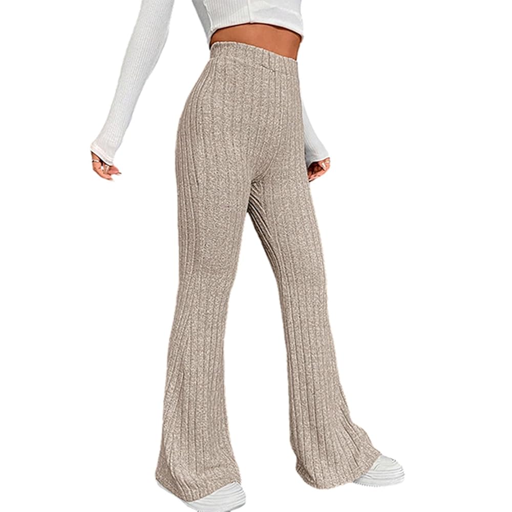 Women Rib Knit Flare Pants Stretchy High Waist Bell Bottom